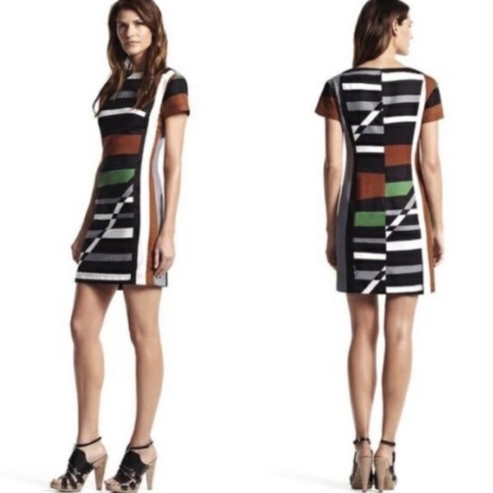 DEREK LAM DRESS Striped Linen Color Blocked Black